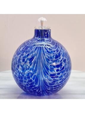 Vintage CWC Traditions Hand Blown Glass Oil Lamp Blue Spiral Lines